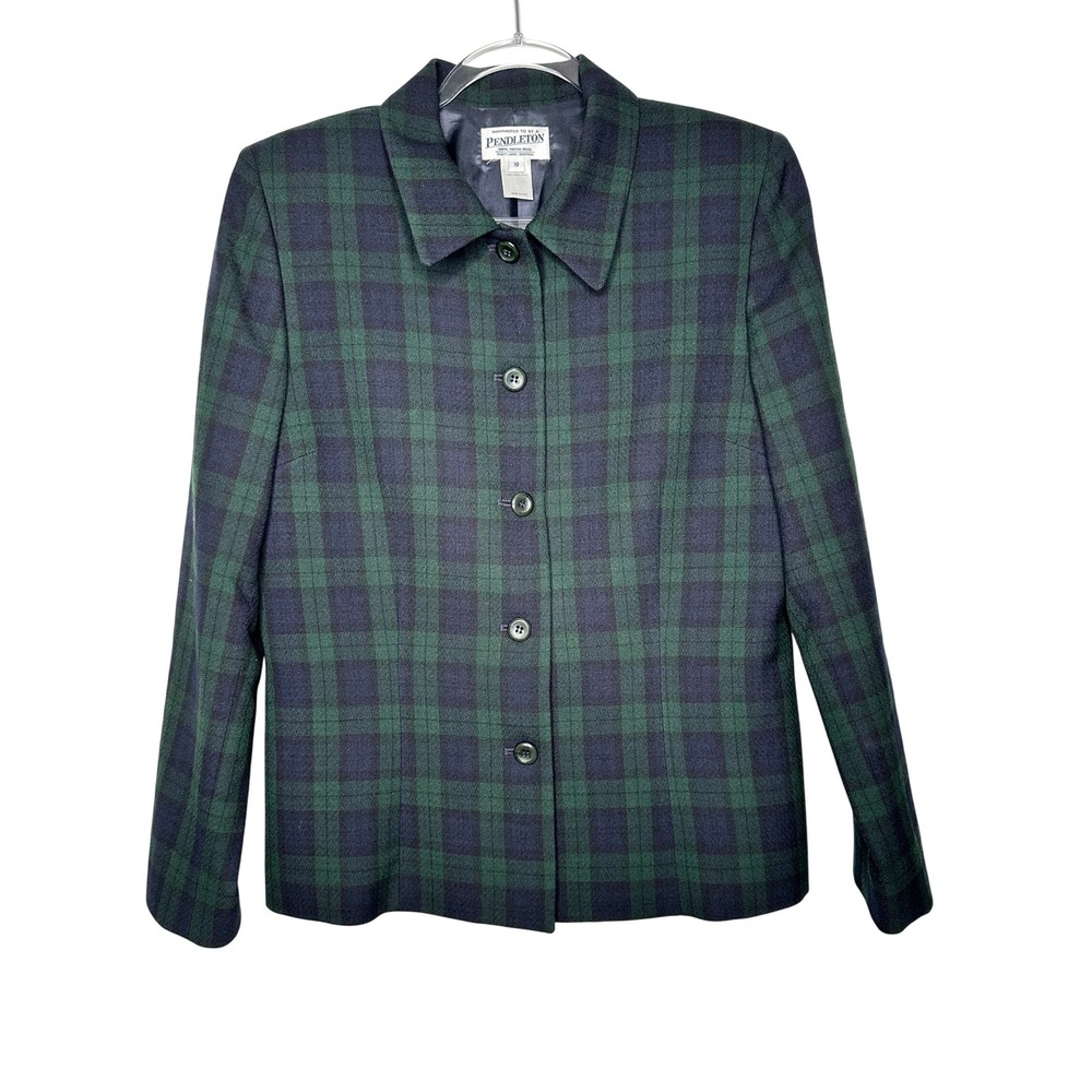 Vintage Pendleton Wool Blazer Size 10 Green Navy Black Watch Plaid Button Front